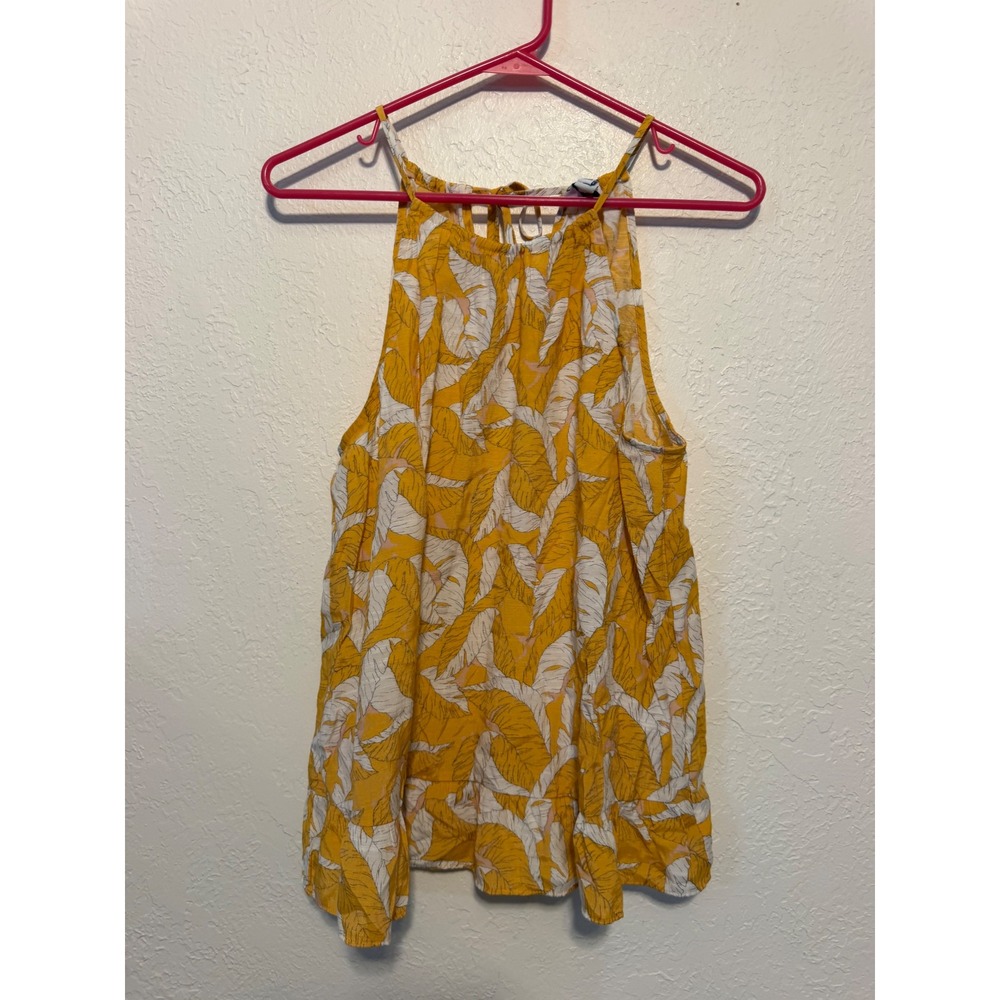 Nine West Womens Yellow White Tropical Leaf Print Halter Ruffle Hem Top Medium